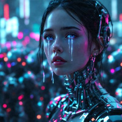 The primary subject of the image is a woman with blue eyes and tears streaming down her face. She is wearing a futuristic outfit, which includes a silver and pink dress. The setting is a futuristic city, with a backdrop of a neon-lit environment. The visual style is a combination of digital art and illustration, creating a surreal and dreamy atmosphere. The colors and mood of the image are predominantly blue and pink, with the blue eyes of the woman adding a striking contrast
